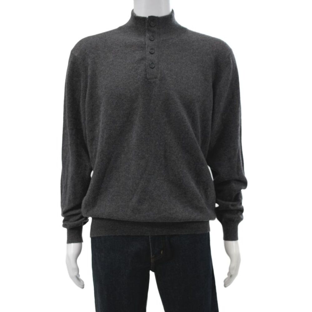 Kinross Cashmere Mens Dark Gray Henley Mock Neck Pullover Button Size L